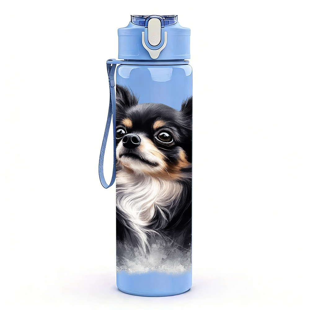 TEMU 1pc Long-haired Chihuahua 750ml Colorful Plastic Sports Water Bottle, Leak-proof With Pop-up Lid, Suitable For Outdoor Activities, Running, Dog
