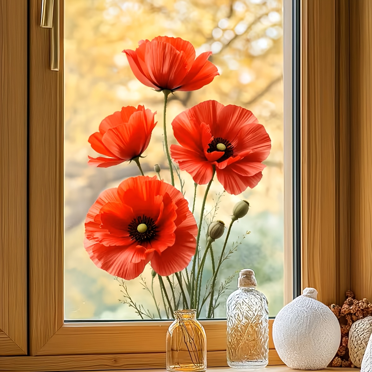 TEMU 1pc Red Poppy Flower Decorative Window Sticker - Pet Static Cling Glass Film No Residue, No Adhesive, Self-adhesive Removable, Reusable,