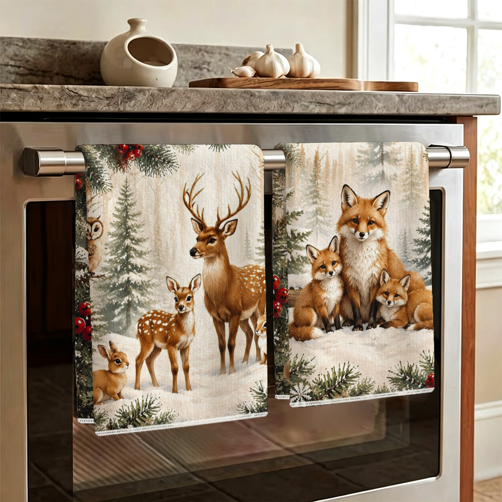 TEMU 2pcs Torchons de Cuisine de Noël, Motif de Forêt enneigée Super Absorbant Microfibre, Cadeau de Pendaison de Crémaillère Décoration de Table