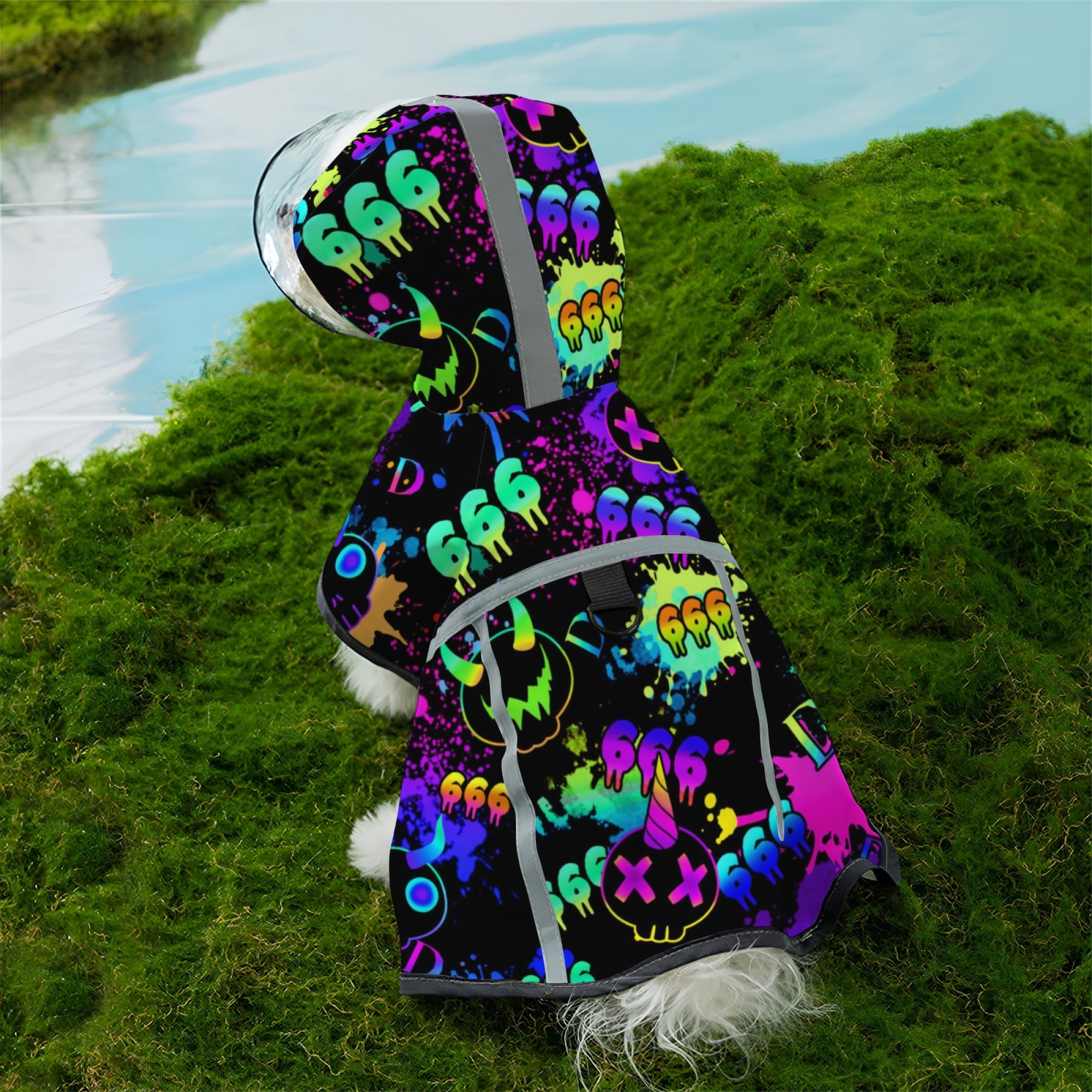 TEMU 1pc Reflective Dog Raincoat With Hat, Neon Art Print Pet Raincoat, Lightweight Use, Performance, Fun , Suitable For Pet , Durable And Soft