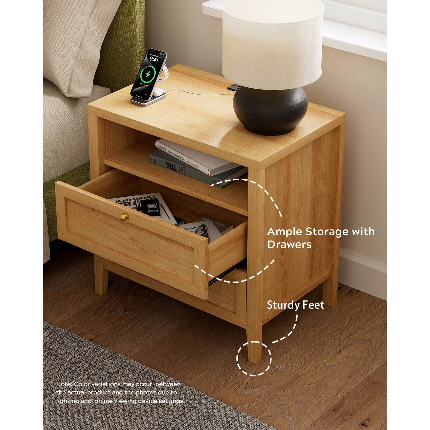 Classic Wooden Open Grid Nightstand with 2 Drawers & Power Outlets