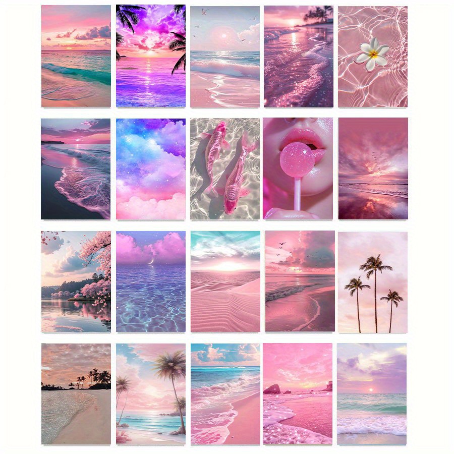 TEMU 20pcs Pink Beach Scenery Art Posters, Reusable Wall Decor Cards And Stationery For Living Room, Bedroom, Study, Dorm - 10*15cm,halloween