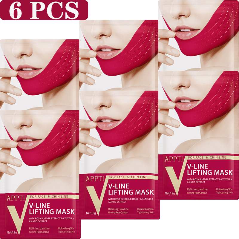 TEMU Set Of 6 V Line Lifting Face Masks, Hydrating Collagen Masks For Overnight Use With Centella, Rose Sheet Masks, Double Chin Straps, Neck Lift
