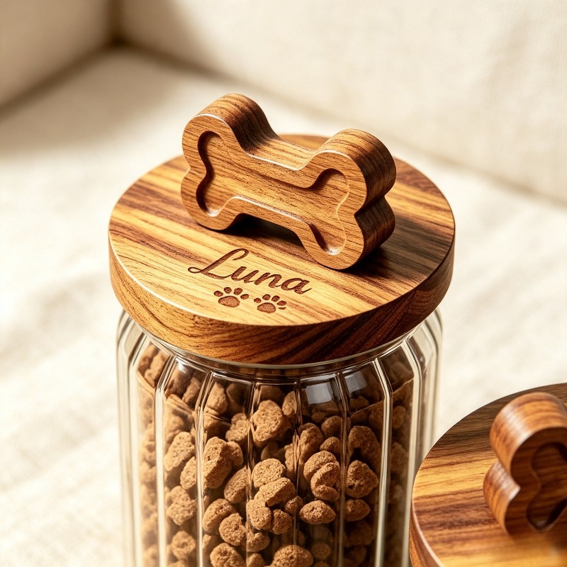 TEMU Premium Personalized Fluted Glass Pet Treat Canister, Wooden Lid With 3d Bone Topper, Custom Engraved Name And Paw Print, Airtight Glass Snack