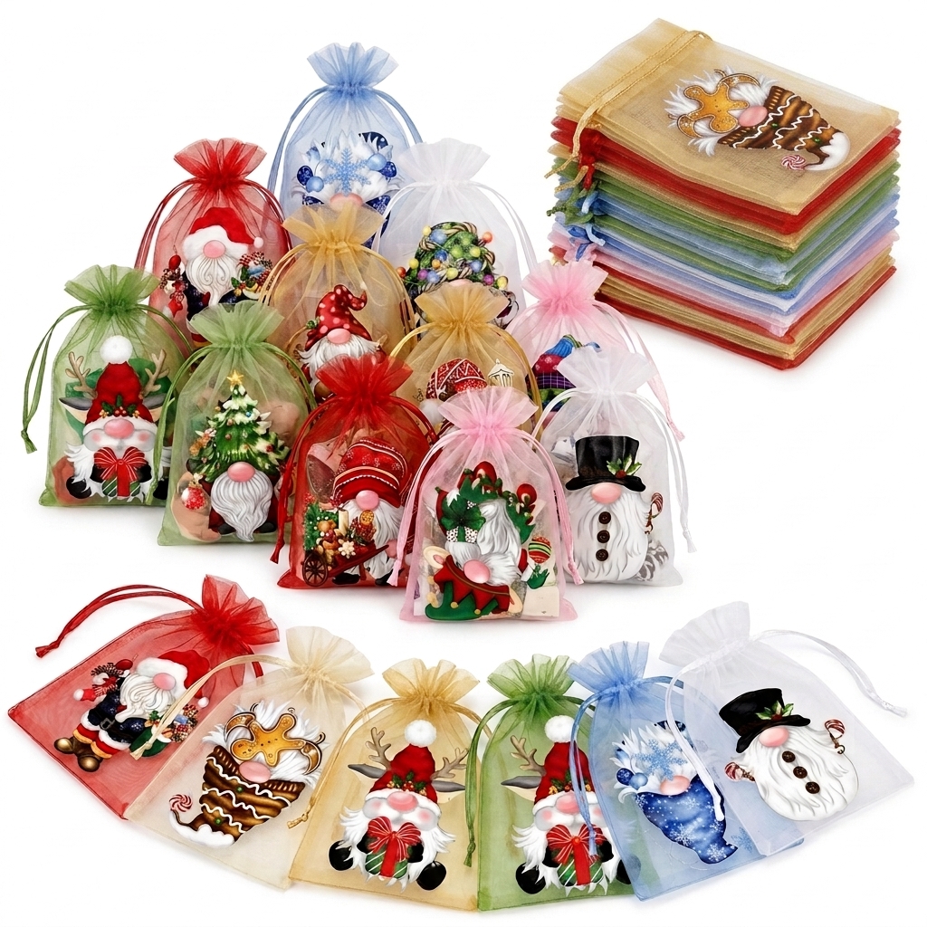 TEMU 36-pcs Random Mix Christmas Gnome Organza Gift Bags Drawstring Treat Pouches Holiday Party Favor Packaging Mesh Bags With Ribbon Drawstrings For