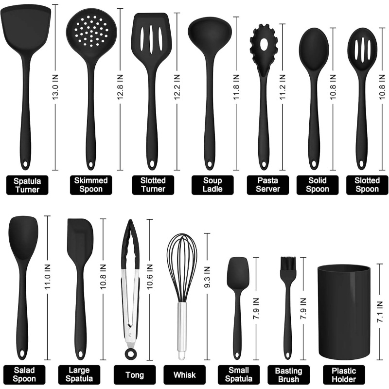 14pcs silicone cooking tools set, heat-resistant kitchen utensils for   cookware,   spoons, spatulas, and a whisk, safe for dishwasher use, in black, cooking utensils set, kitchen accessories, kitchen utensil set, kitchen utensils set, spatula set, spoon set, utensil set, utensils set, cooking utensil set, kitchen tools, cooking accessories, utensils holder, cooking supplies, kitchen essentials Product details 1