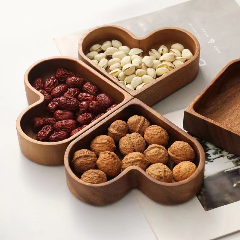 Heart-Shaped Candy Box | Wooden Stackable Candy Tray, Solid Wood Fruit Plate, Nut Tray, Creative Walnut Wood Tray