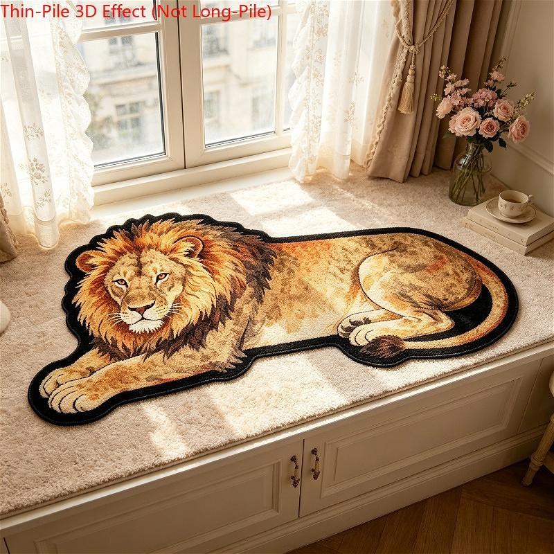TEMU 2d Flat, 1pc Velvet 850g/ã¡ 9mm Bathroom Anti-slip Mat, Thin Plush 2d Printed Non-long Pile Rug, Lion Lying On Its , Simulated Animal Shape