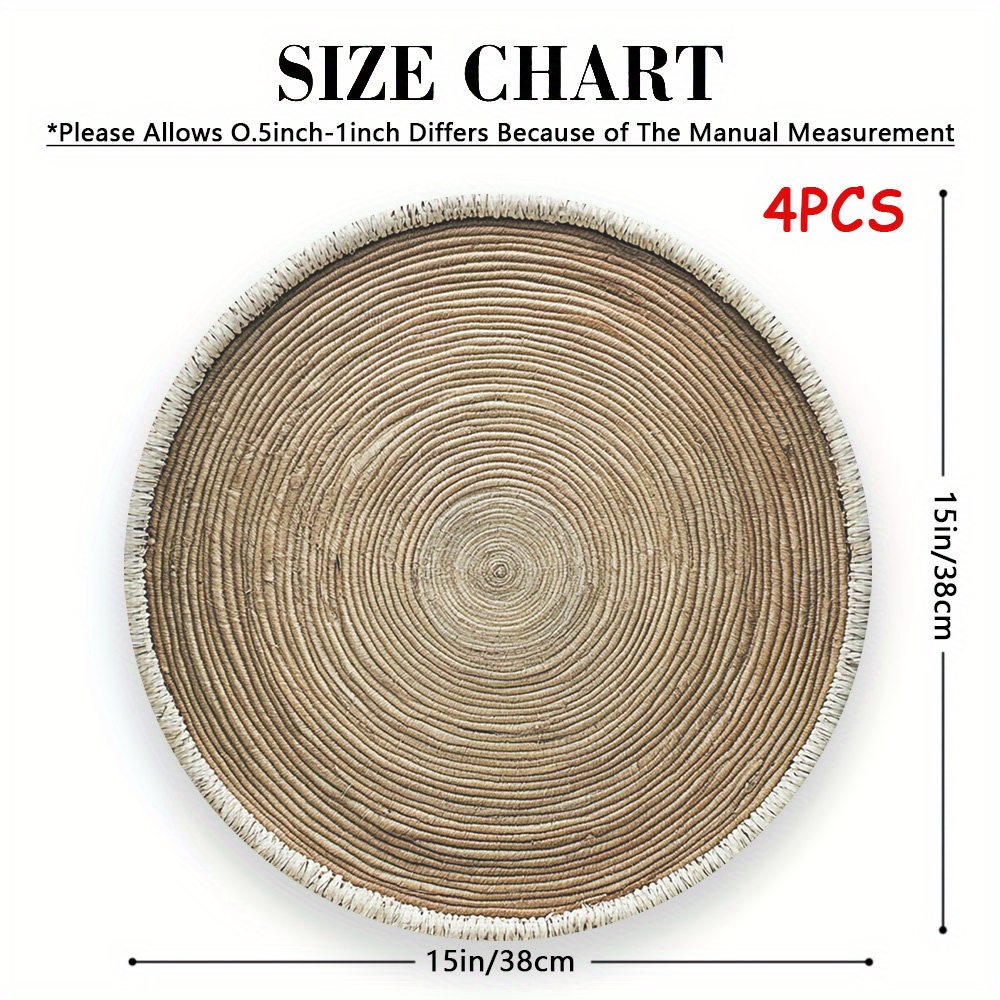 4pcs Wood Grain Round Placemats, Minimalist Style, 15x15 Inches / 38x38cm, Washable Placemats Suitable for Dining Tables, Holiday Decorations, Parties, Coffee Tables, Kitchen Tables, 15in X 15in, Universal Design, Perfect Gift for Chefs