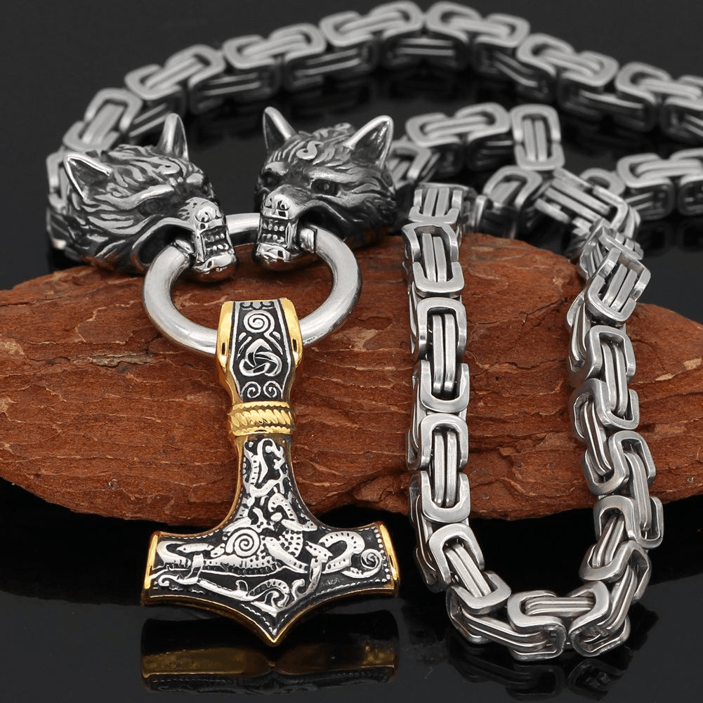 Men's Vintage Wolf Head Nordic Hammer Pendant Necklace
