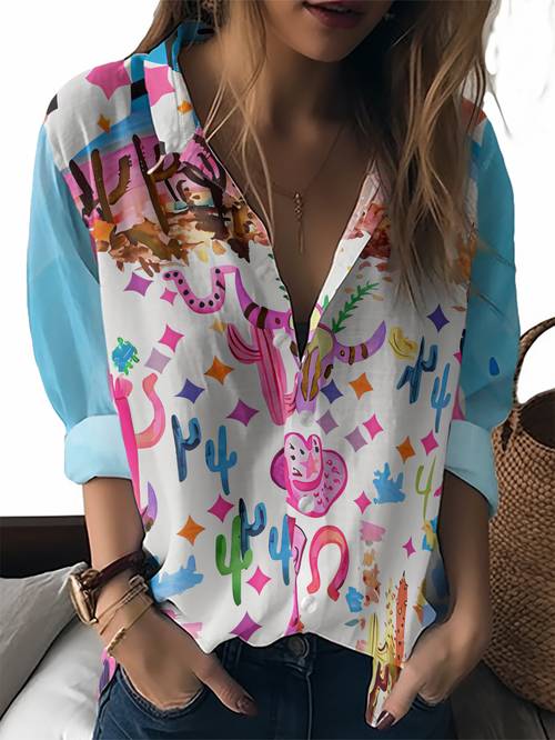 item picture womens desert print collar shirt western style button blouse machine washable polyester top for casual wear southwestern cactus desert design for office or outdoor outfits