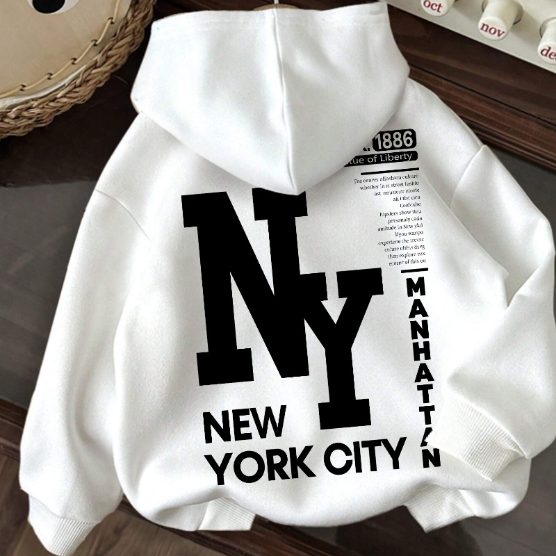 

Women's Ny Hoodie - Cozy Polyester Pullover With Drawstring, White Casual Sweatshirt Featuring New , Fall & Winter, Casual Wear Hoodie | Trendy | Machine Washable Top, Sweater Hoodie