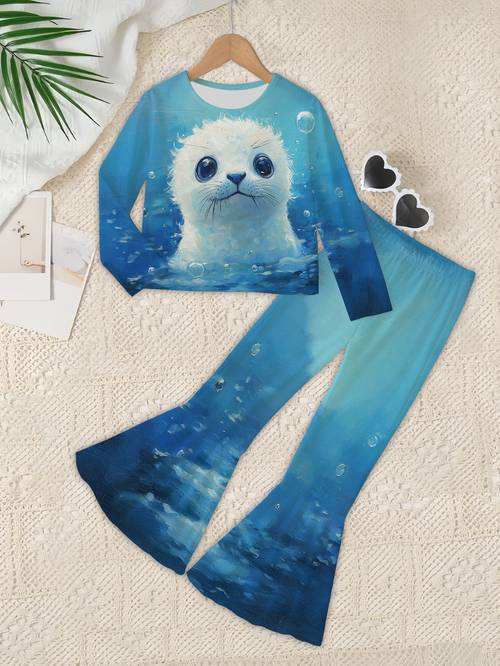 item picture Random Print Full Print Whimsical Novelty Holiday Long Sleeve Short T-Shirt And Flared Pants Set, Seal Bubble Print Girls Gift Party New Outdoor Sports Casual, for Outdoor