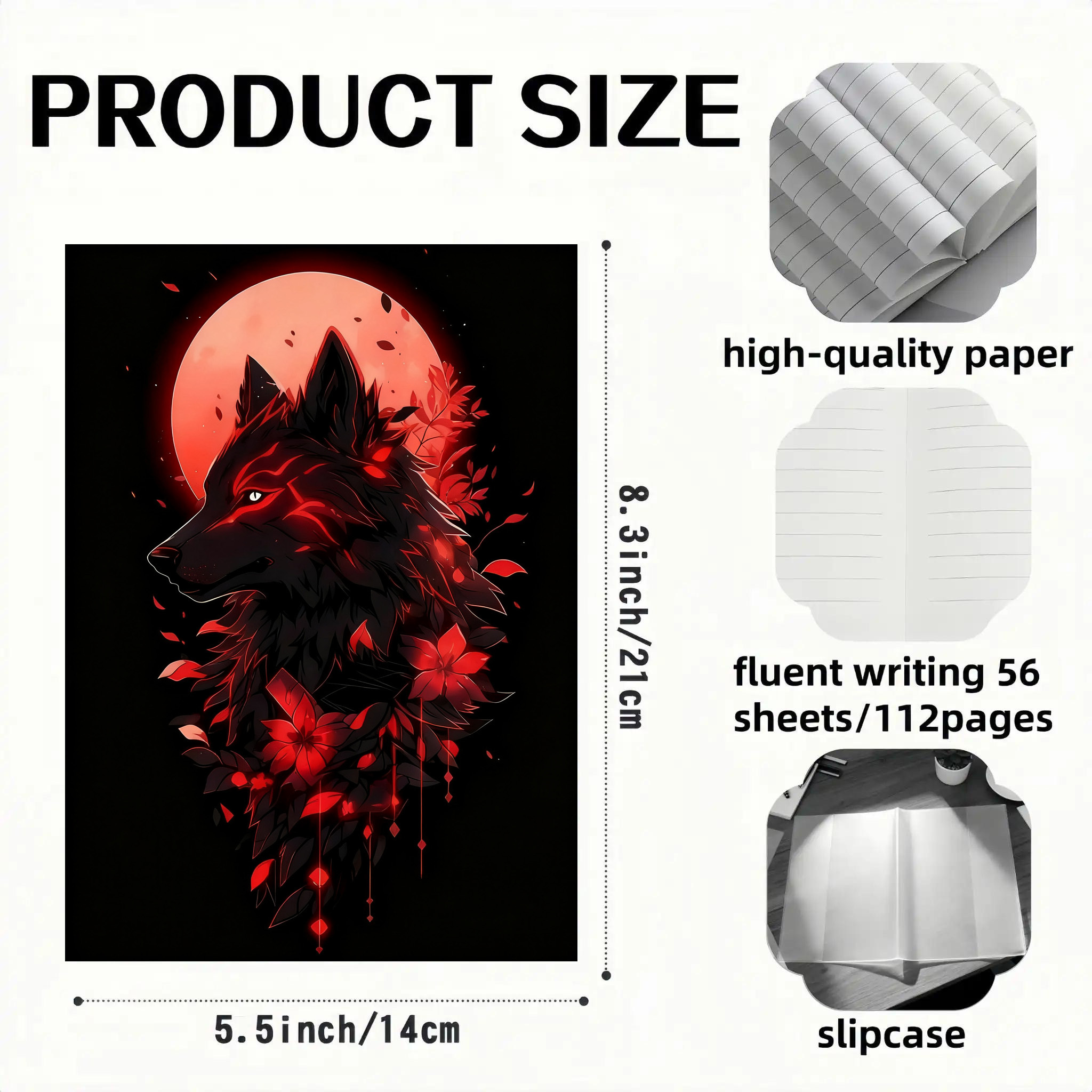 E-shop Notizbuch Schwarzer Wolf Roter Mond – 5,7x8,3 Zoll | Hochwertiges gestreiftes Papier, Tagebuch im Universitätsformat, geeignet für Büro Schule,