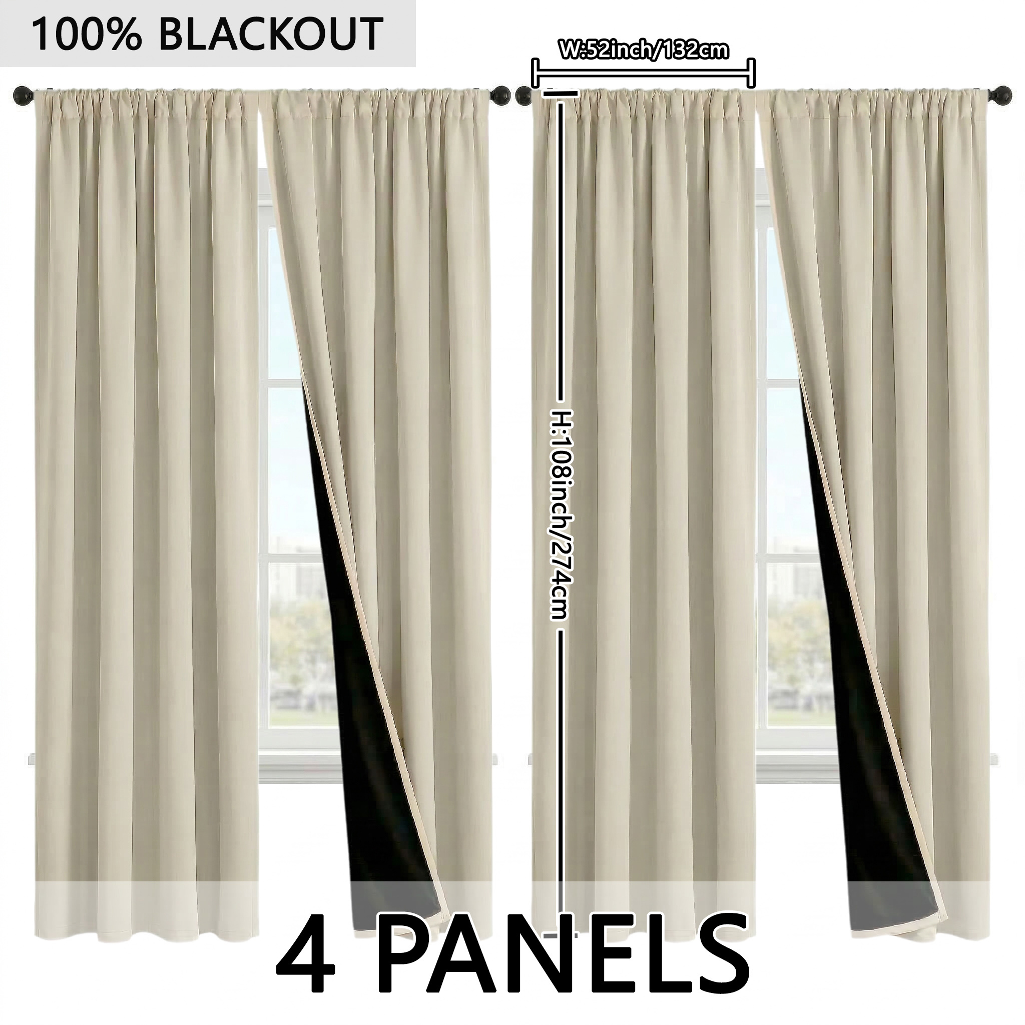 TEMU Four-panel Blackout Thermal Insulation Curtains, , Durable Polyester Solid Color Curtains, Suitable For Bedroom And Living Room Blackout Panels