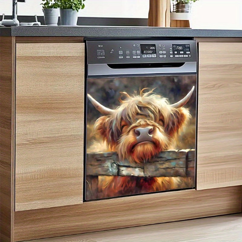 TEMU 2d Flat, 2pcs, 2d Flat Pattern Stickers - Highland Cow Design Decals For Dishwasher, Suitable For Various Surfaces Including Washing Machine,