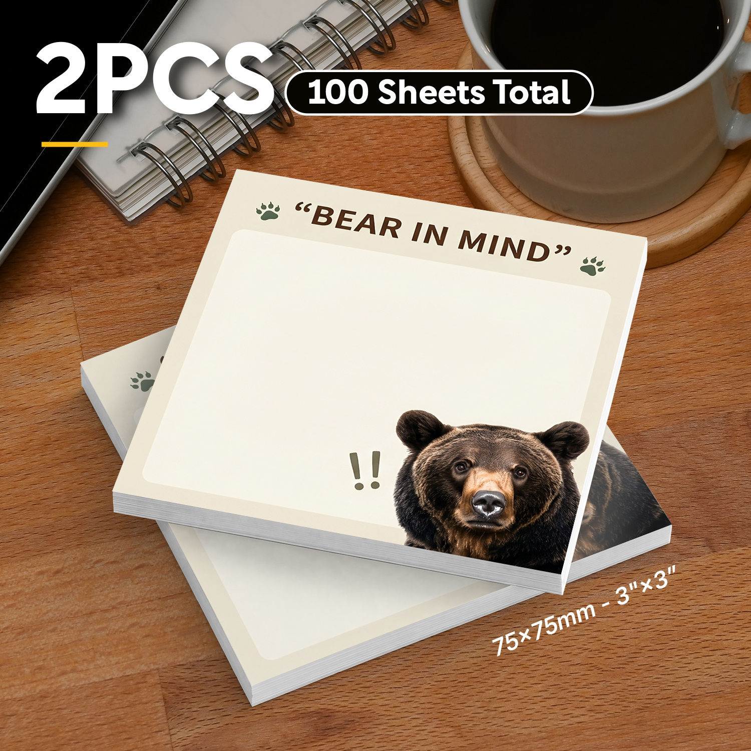2-Sheet Set of Fun Bear Sticky Notes, 100 Sheets Total