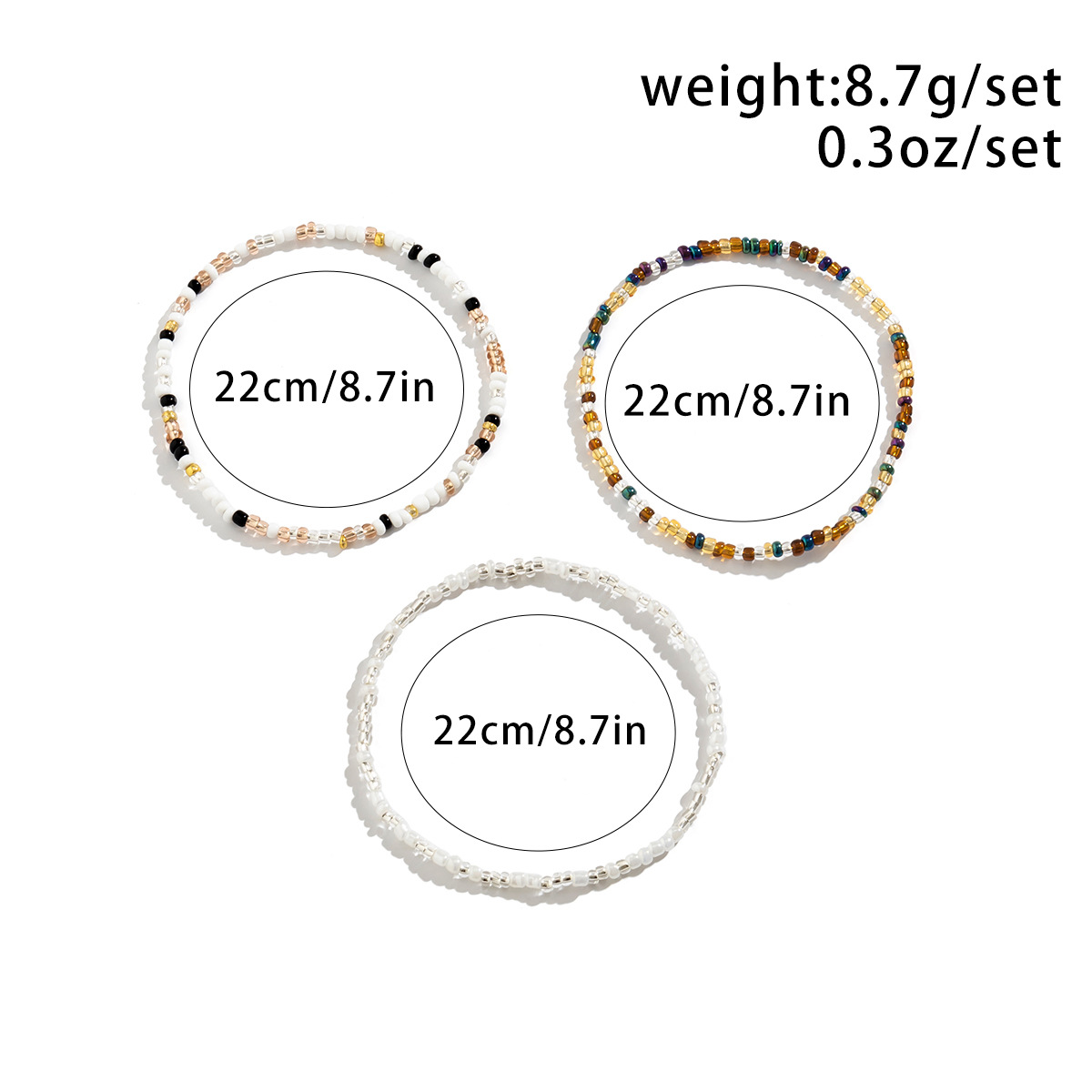 3pc Bohemian Mixed Color Seed Bead Anklet Set, Summer Style