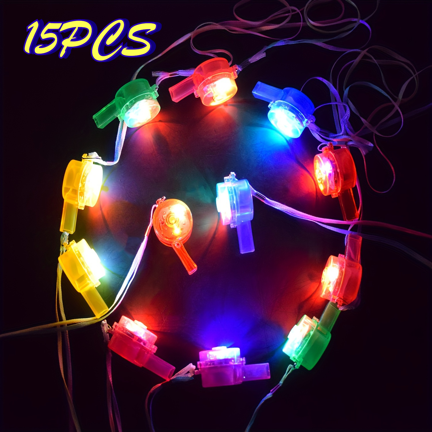TEMU 15pcs Led Whistle Set With Lanyards - Vibrant Mixed Colors, Pp Plastic, Illuminated Party Favors For Christmas, Halloween, Birthdays, Novelty Gifts|illuminated Accessories|keychain Accessory
