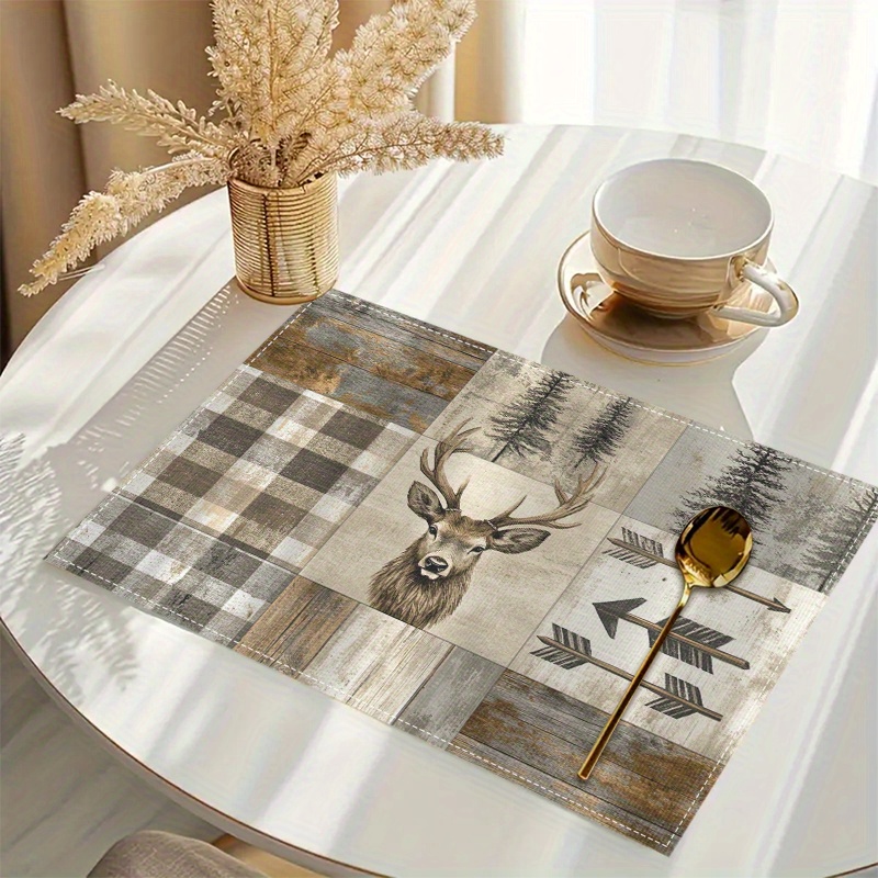 Image of 4pcs Create A Design Featuring A Deer Head And Arrows. Placemats Measure 12 By 18 Inches And Are Washable, Making Them Perfect For Dining Tables, Holiday Gatherings, Coffee Tables, And Home Decoration