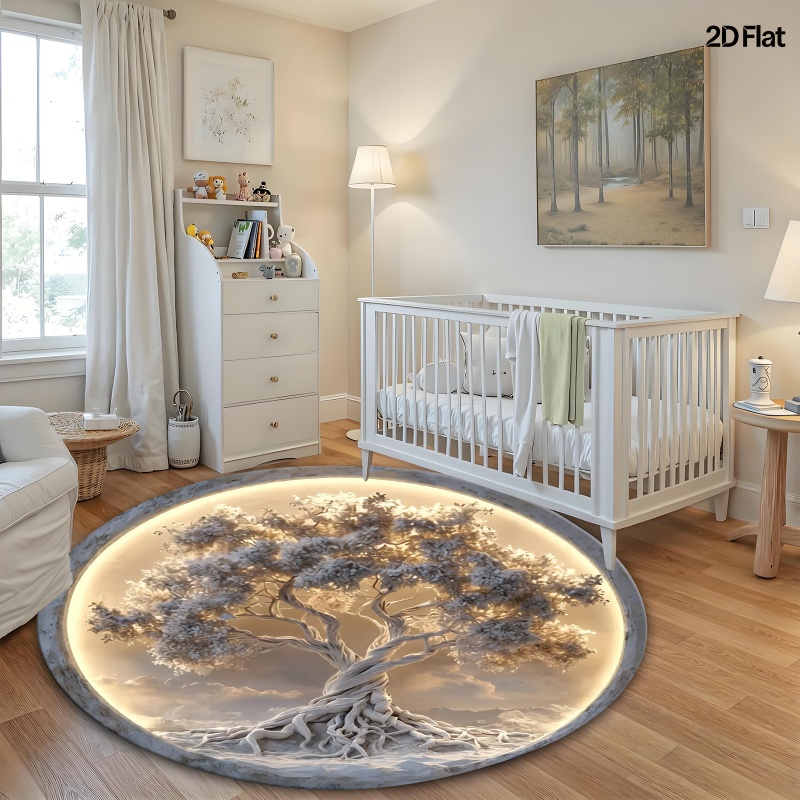 TEMU [ Product] 2d Flat 1pc Tree Of Living Room Round Floor Mat, Machine Washable, Soft - Indoor/outdoor Floor Mat, Welcome Mat, Suitable For Home,