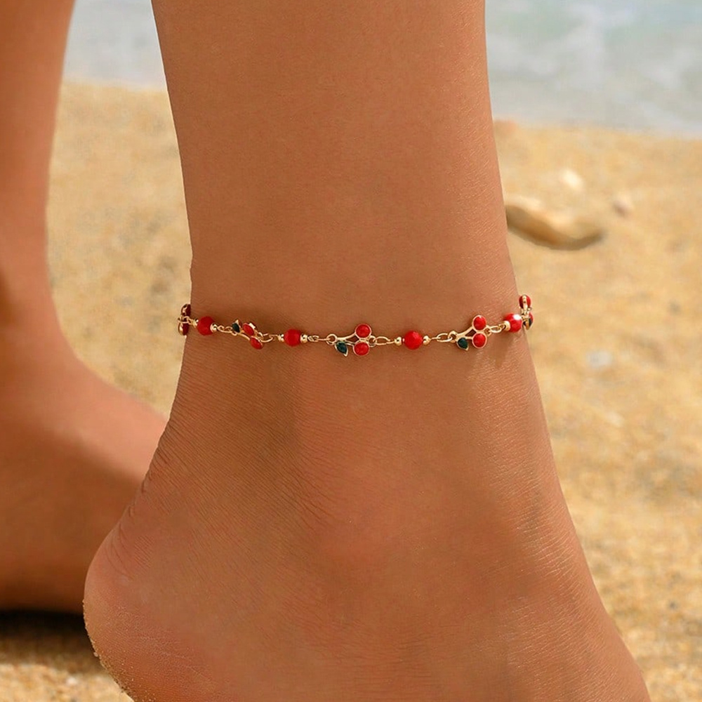 TEMU 1pc, Summer Creative Fruit Cherry Chain Anklet, Simple, Stylish, And Versatile Fruit Cherry Ankle Bracelet, Women's Fashion Anklet, Alloy, ,