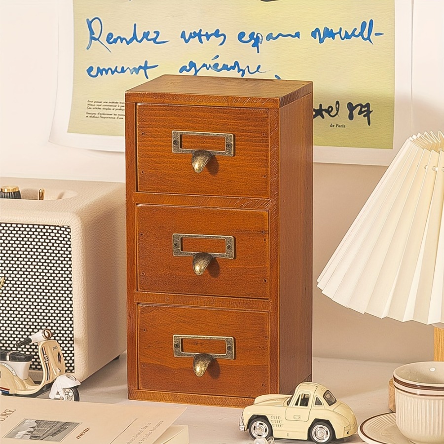 TEMU Three-layer Retro Drawer Storage Box, Wooden Jewelry Classification Box For Room Decoration, Modern And Simple Multi-functional Home Organizer