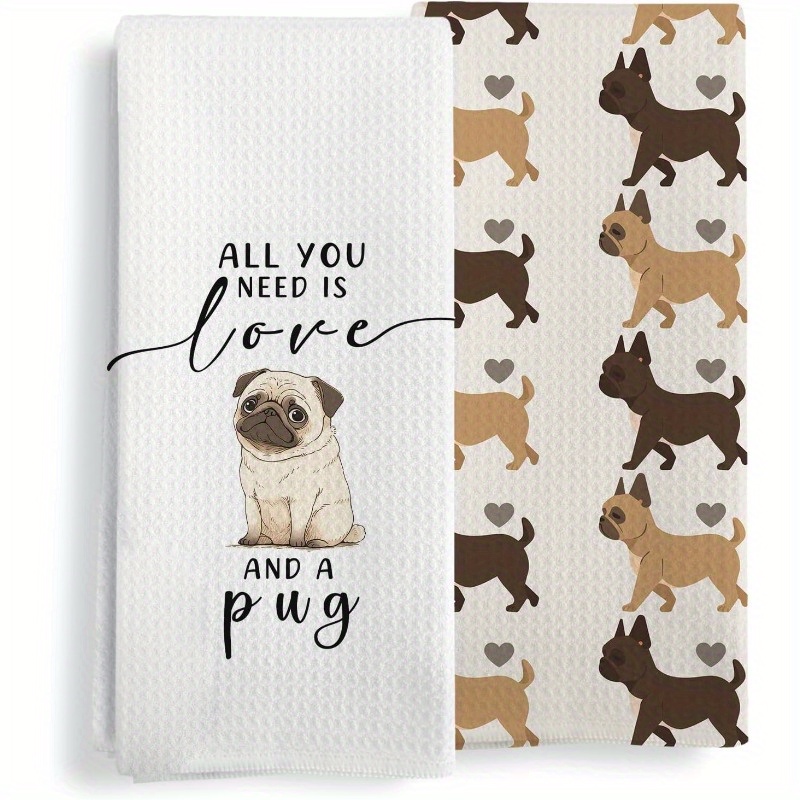 

2- Pug Towels - 18x26 , -, Super Polyester Dish Cloths, , And Pug For