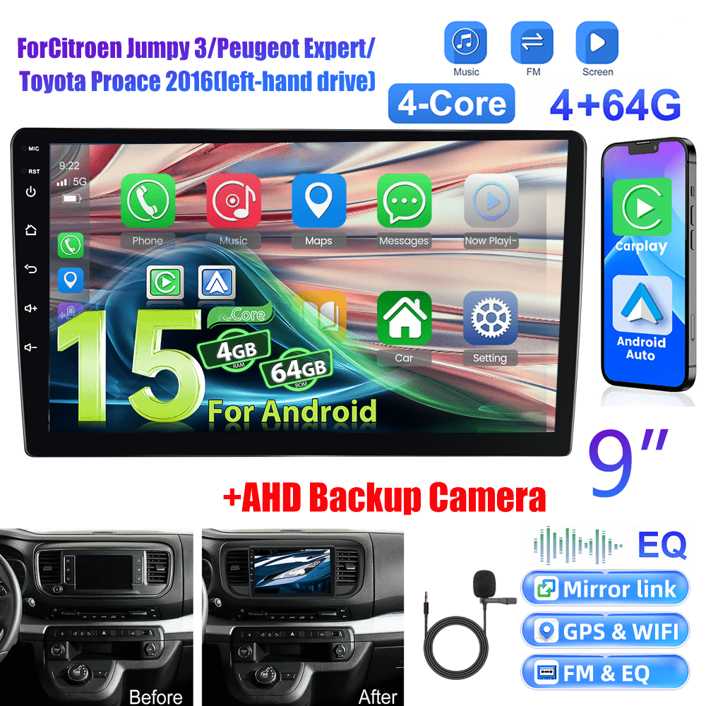 15 Car Stereo With 4+64g For 3, For , And For Proace 2016 (left-hand Drive), Featuring A 9-inch 1280p Ips Touchscreen, , Auto, Ai Dsp, Fm, Rds, 32eq Wireless, Gps, Wifi