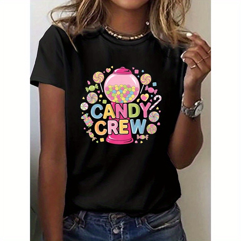 

Women's "candy Crew" Graphic T-shirt - Vibrant Print, Short Sleeve, Crew Neck, Casual Summer & Spring Top, Machine Washable, Polyester And Spandex , Tshirt | Design | Medium Elasticity