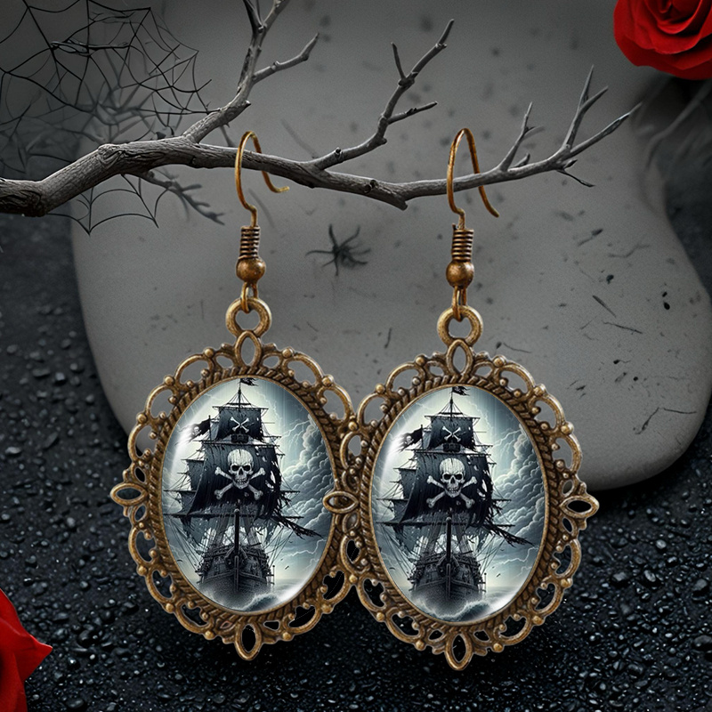 Halloween-themed Earrings Featuring Skeletons, , And , Made Of Oval Glass With Vintage Lace, Popular Handmade Additions And Gifts, Without Battery