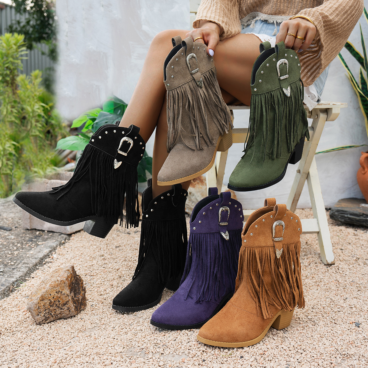 imagen del artículo botines chelsea clásicos de mujer,   de moda, botas retro cómodas de media caña para mujer, botas elegantes de media caña con borlas bordadas para mujer,   de tacón ancho con punta, zapatos de mujer