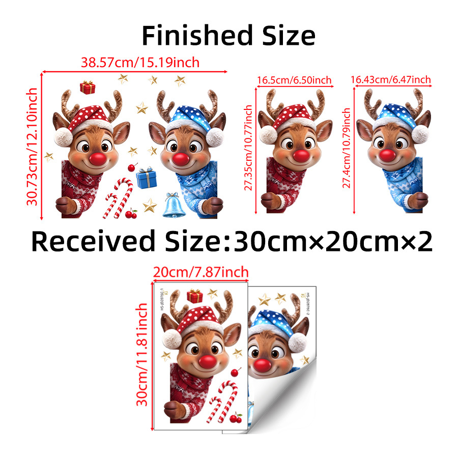 TEMU 2d Flat, 2 Sheets 2d Flat Christmas Reindeer Window Stickers, In Red And Blue Sweaters With Gift Boxes, Candy Canes, And Bells, Double-sided