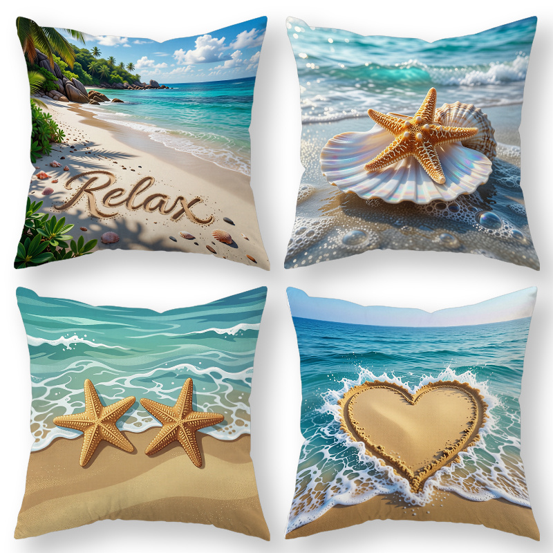TEMU 4pcs Beach - Style Throw Pillow Covers, Decorative Cushion Cases, Sea And Starfish With "relax" Words, Blue - Tan Tone. Versatile Pillow Shams