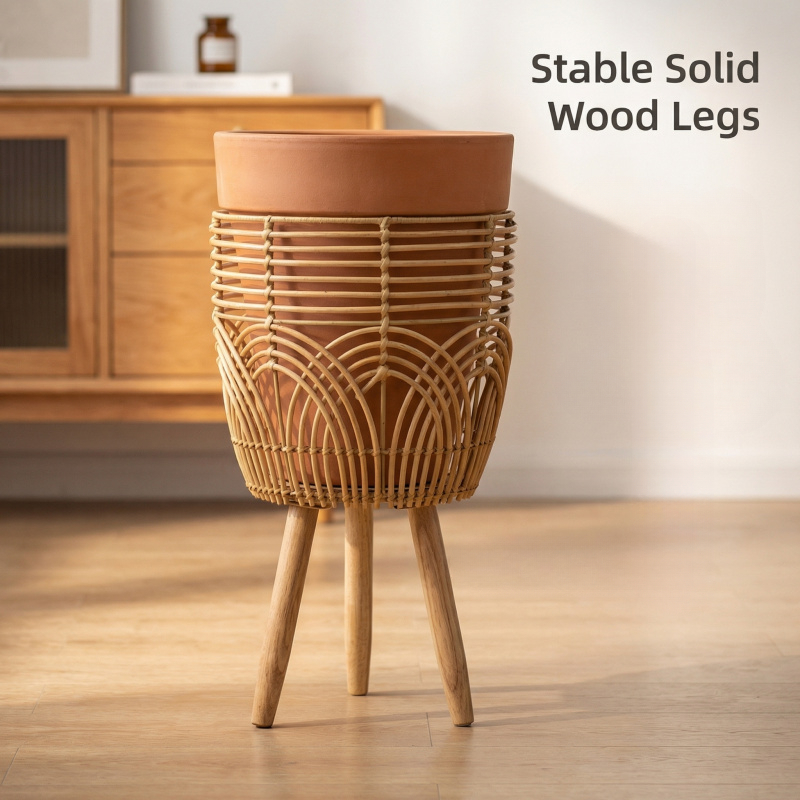 3pcs/1pc Rattan Plant Stand with Wooden Legs - Boho Floor Plant Pot Holder, Handwoven Wicker Basket Planter for Living Room & Balcony Decor | Only Plant Stand Gardening Gift,home Decor