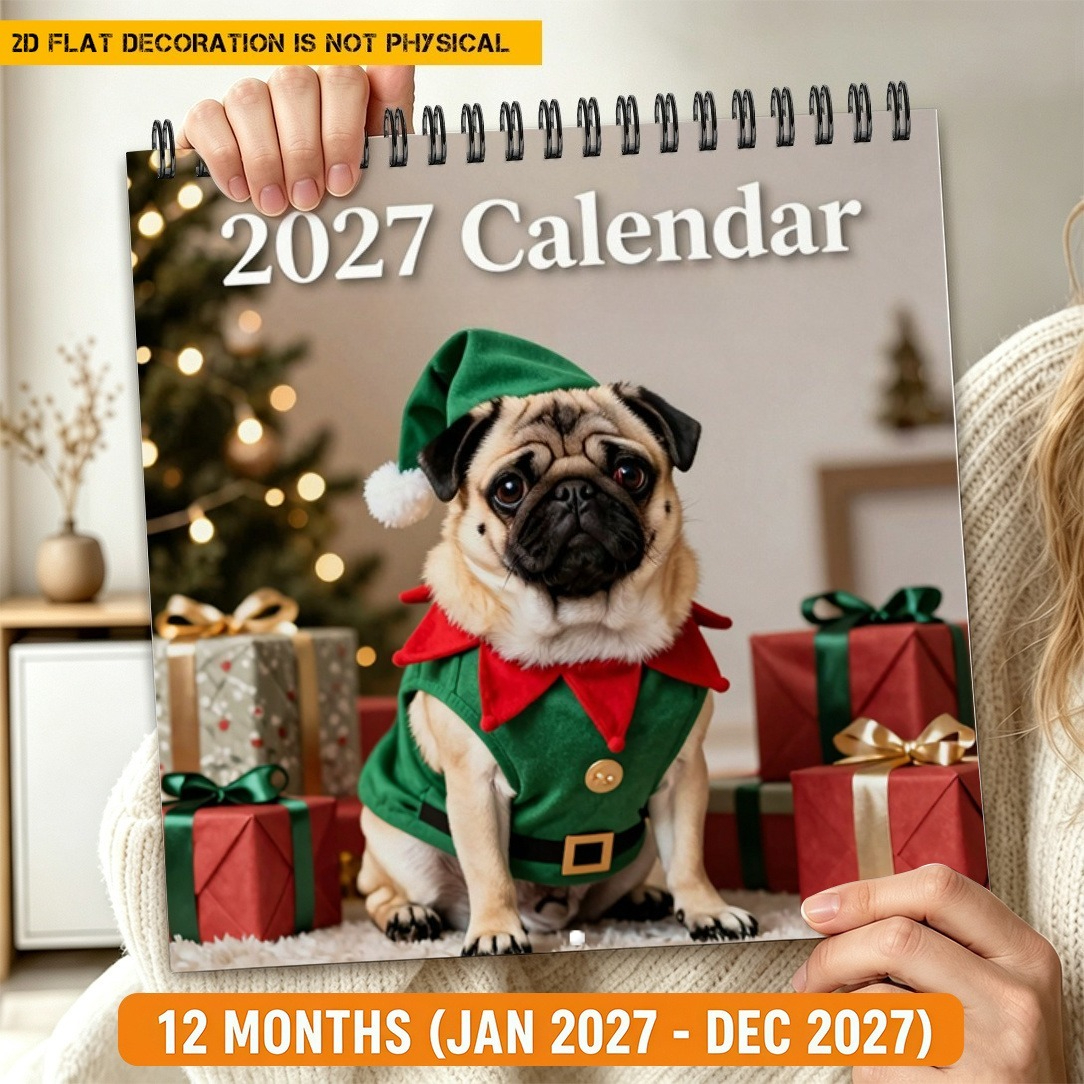 TEMU 1pc 2027 Pug Calendar Wall & Desktop Planner - Adorable Pug-themed Monthly Tabbed Calendar Suitable For Office Desk Decor, Christmas New Year