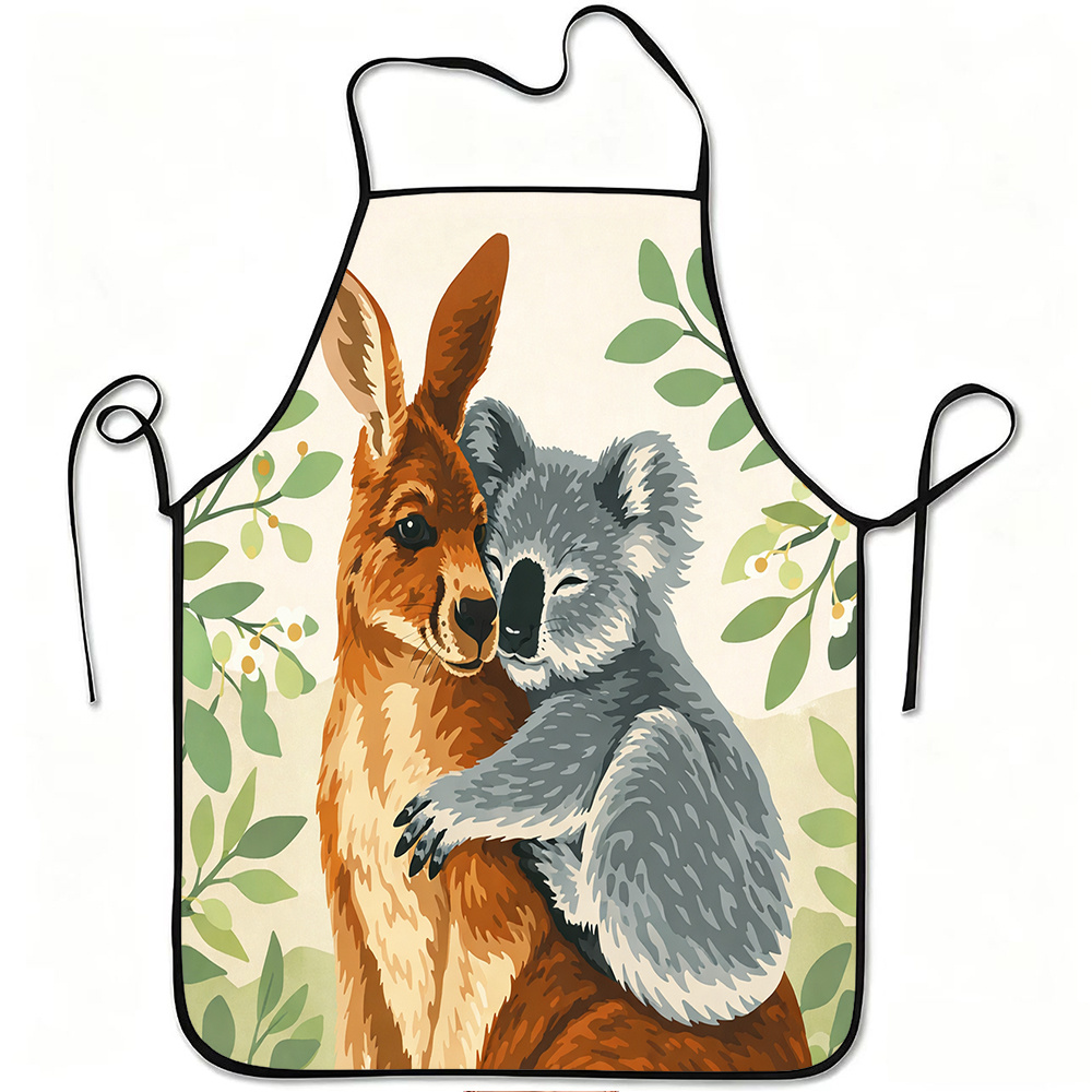 TEMU 1pc Koala And Kangaroo Hugging Print Apron With Adjustable Waistband - Durable And Easy-clean Polyester Material, Suitable For Kitchen Cooking,