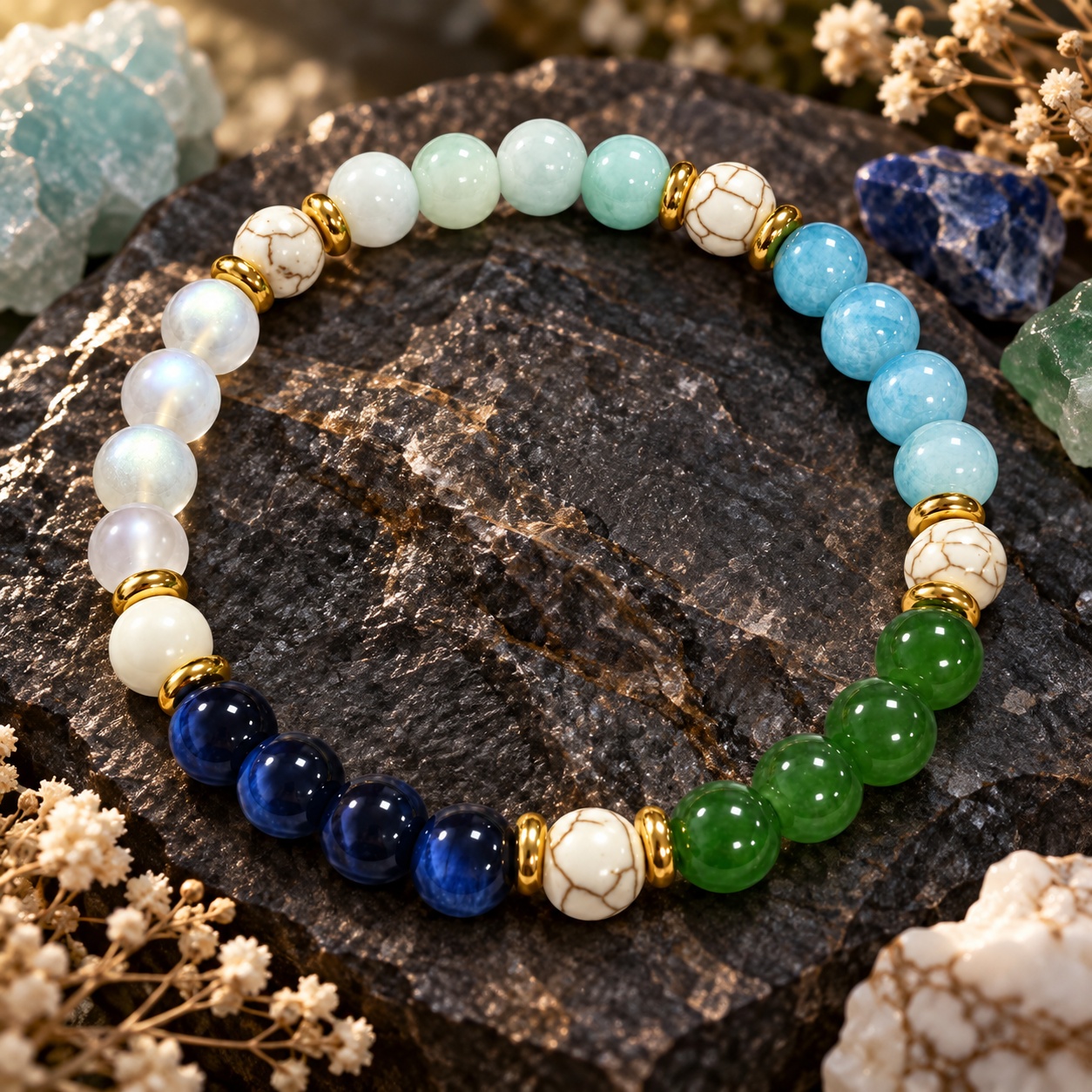 Handmade Blue Tiger's Eye & Moonstone Bead Bracelet, Prosperity Gift