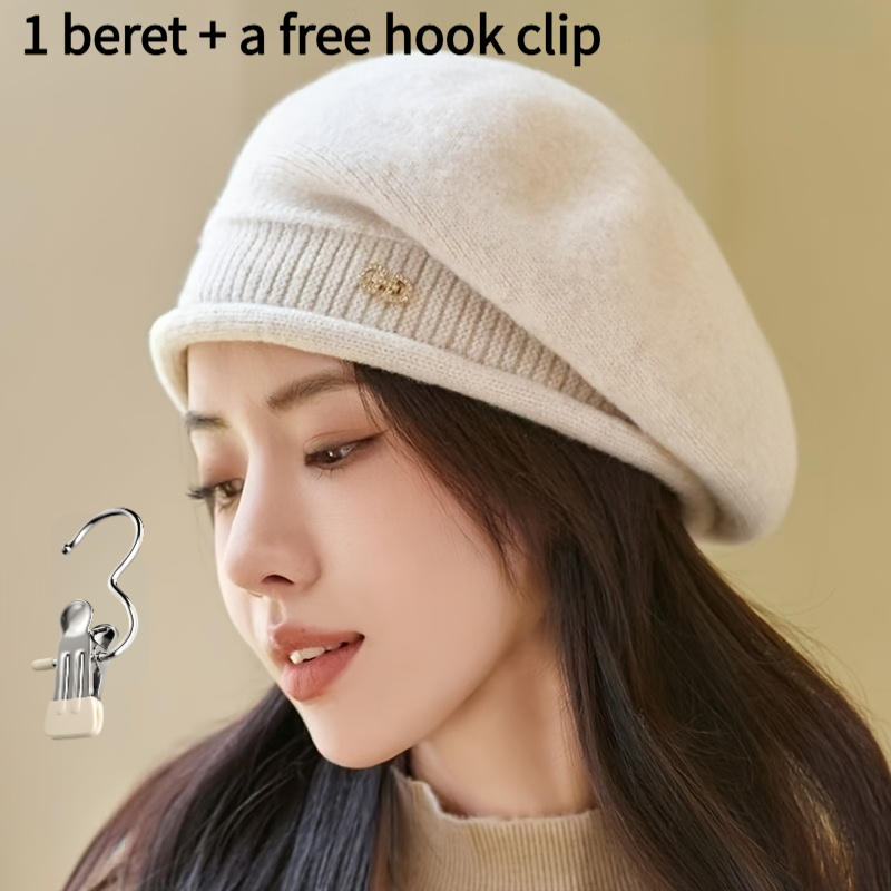 TEMU 2pcs = (1 Beret + Free Hook Clip), Winter Creative Upgraded Thickened Lightweight Hat - , Soft And Warm Autumn/winter Black Versatile Accessory,