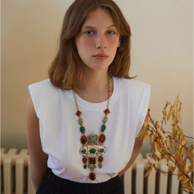 Vintage Geometric Necklace with Crystals, Golden Plated