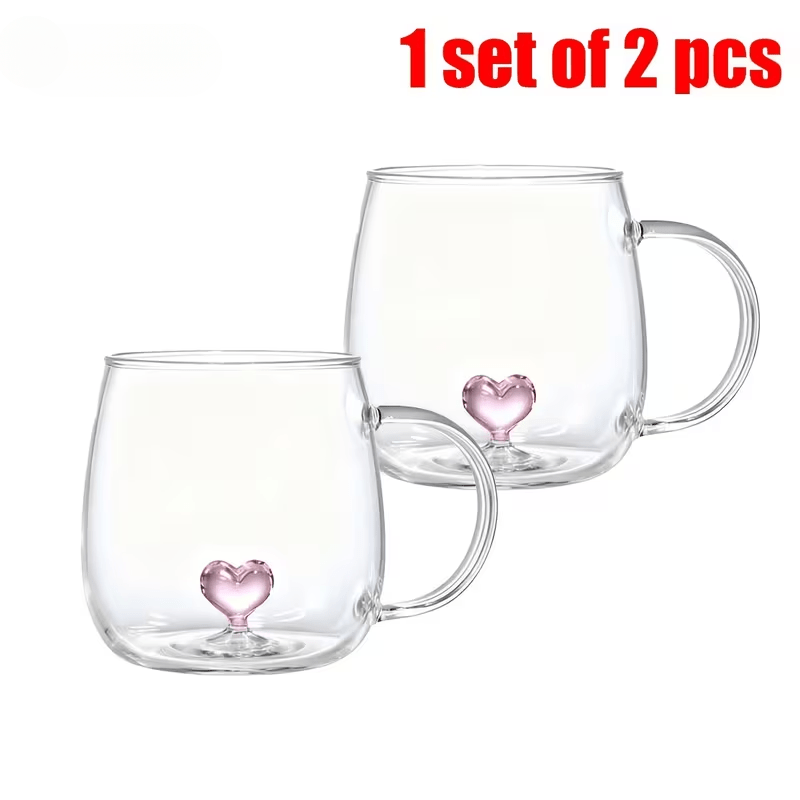 TEMU 2pcs 400ml Borosilicate Glass Mug Set With Heart Inlay Design, Suitable For Coffee, Milk And Juice, Home, Use, Great Gift For Mother's Day,