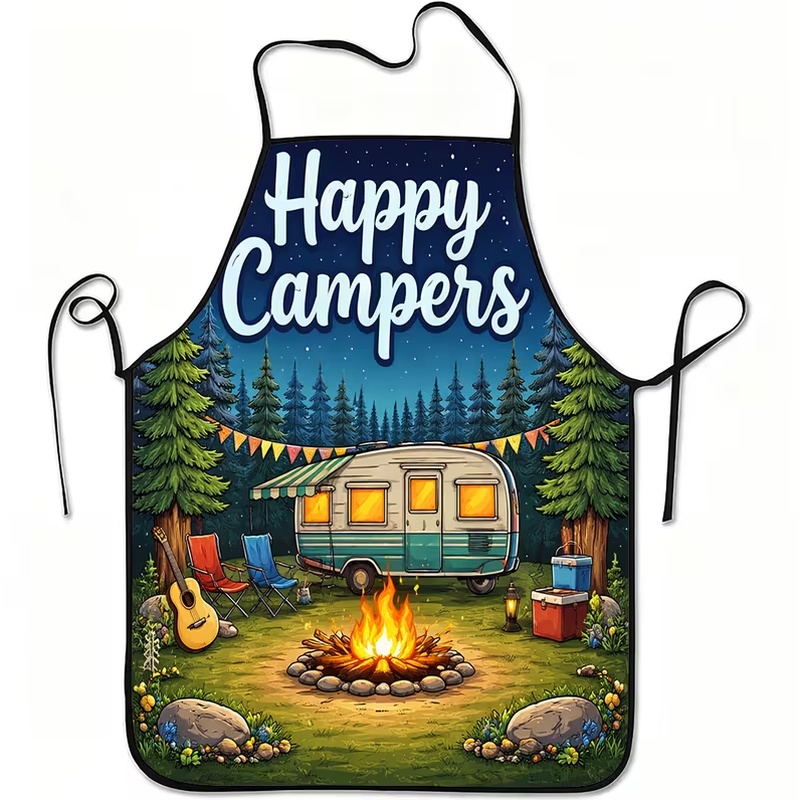TEMU Tablier de cuisine 1pc imprimé avec motif de camping joyeux air, convient aux hommes et aux femmes pour une utilisation en