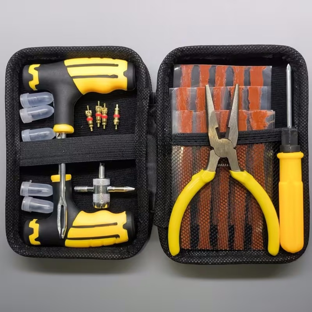 -one Emergency Tire Repair Kit With T-handle Rubber Strips Valve Cores Storage Case For Bicycle Motorcycle Car Truck Scooter Roadside