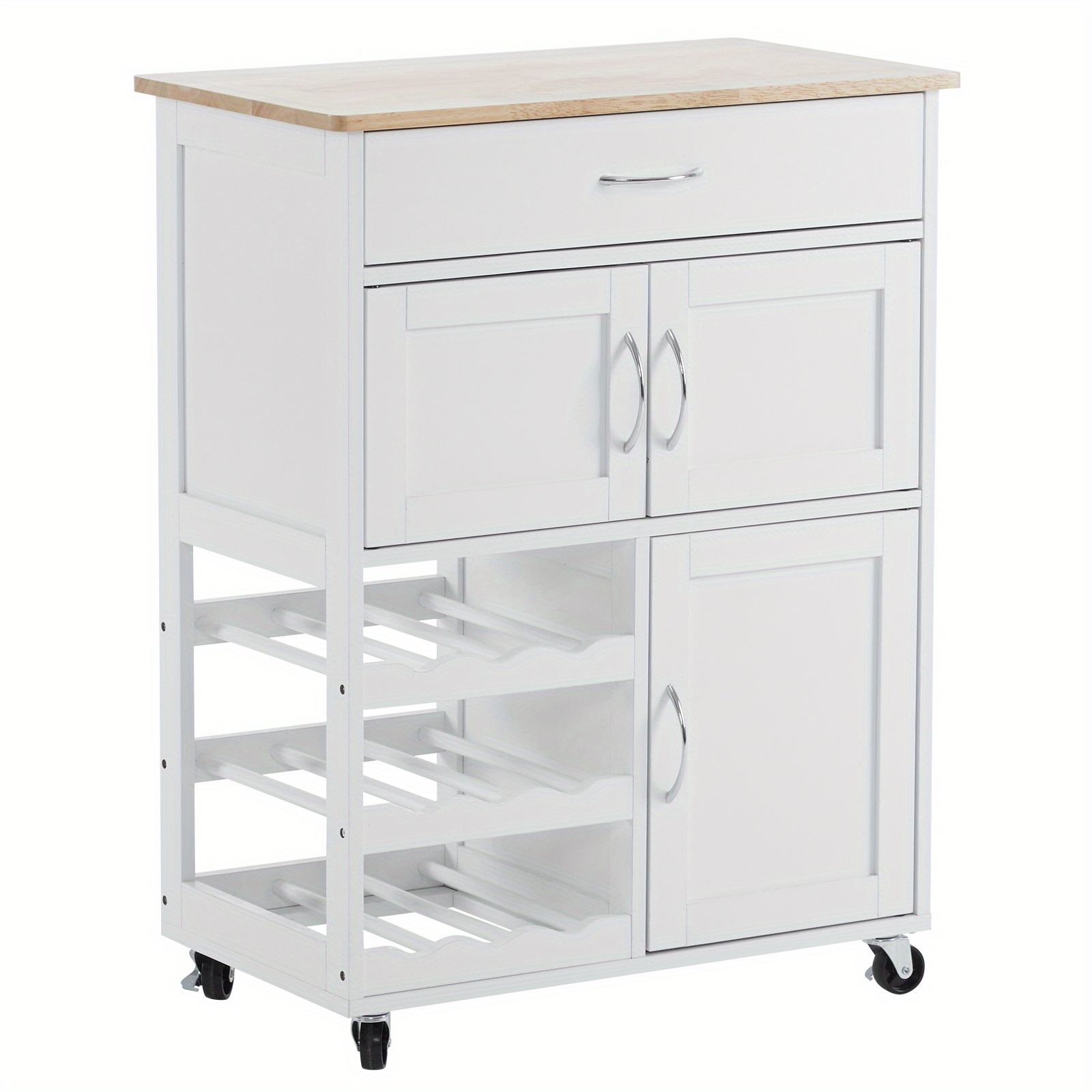 Kitchen Island Cart With Solid Wood Top, With Storage Cabinets, 3 Tier Wind Rack And Drawer, On Wheels, Portable Closets