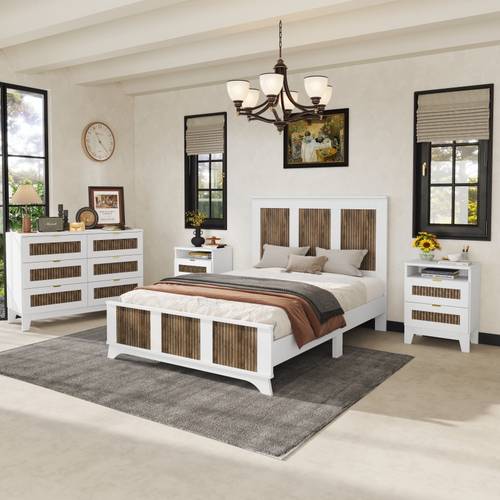 be 4pcs bedroom sets full size farmhouse platform bed with wooden strip stickers decoration storage nightstand and dresser with metal handle white