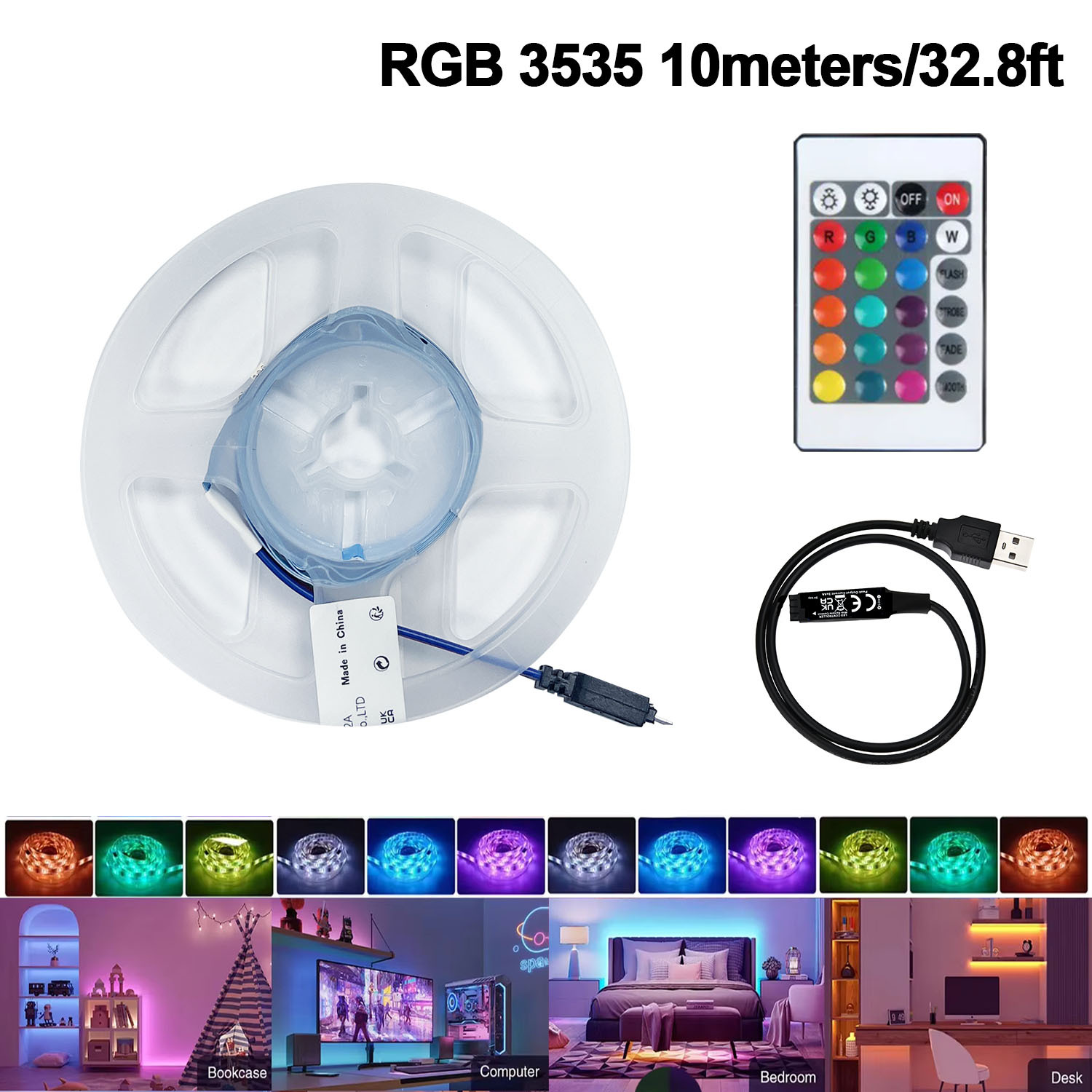 Image of Rgb Led Tape Light For Cabinet & Shelf, Usb 5v Flexible Light Strip With 24-key Remote Control, Peel And Stick Accent Lighting For Kitchen, Mirror And Closet