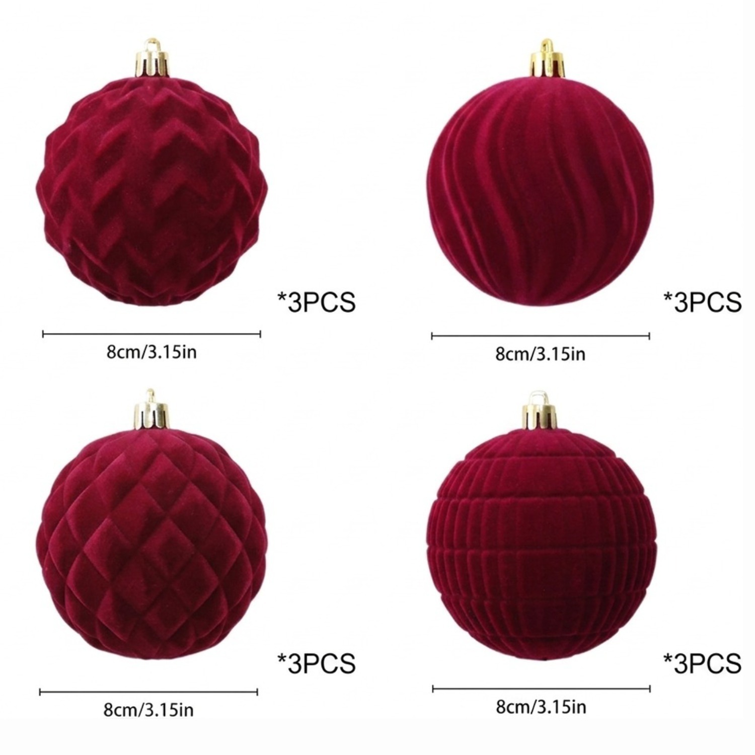 TEMU 12pcs Burgundy Velvet Christmas Ornaments, 3.15 Inch Flocked Christmas Balls, Shatterproof Hanging Decorations With 4 Elegant Styles, Xmas Tree