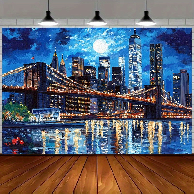 Tapeçaria skyline nova iorque ponte iluminada lua cheia_voghion.com