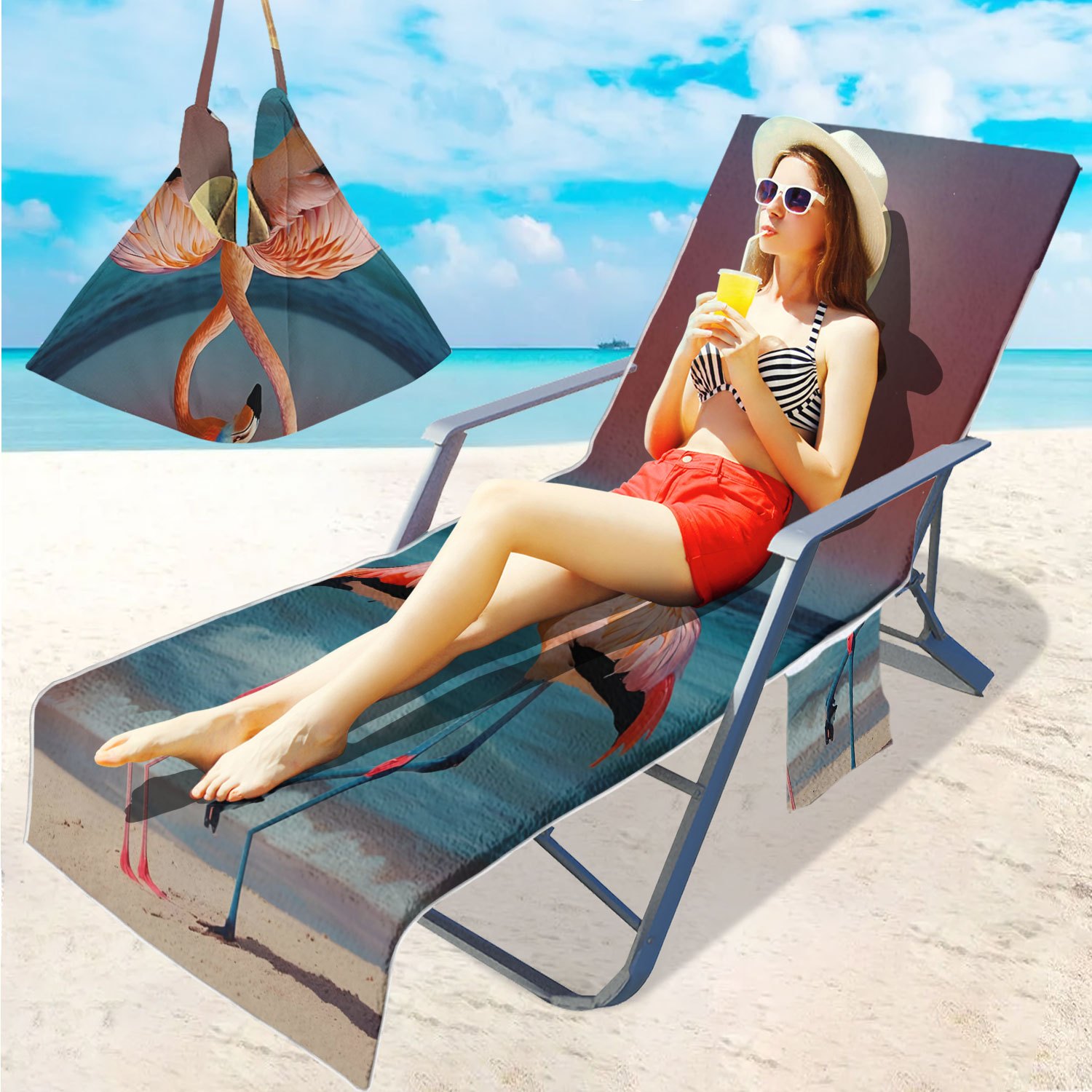 tropical quick dry beach chair cover pocket vibrant flamingo
