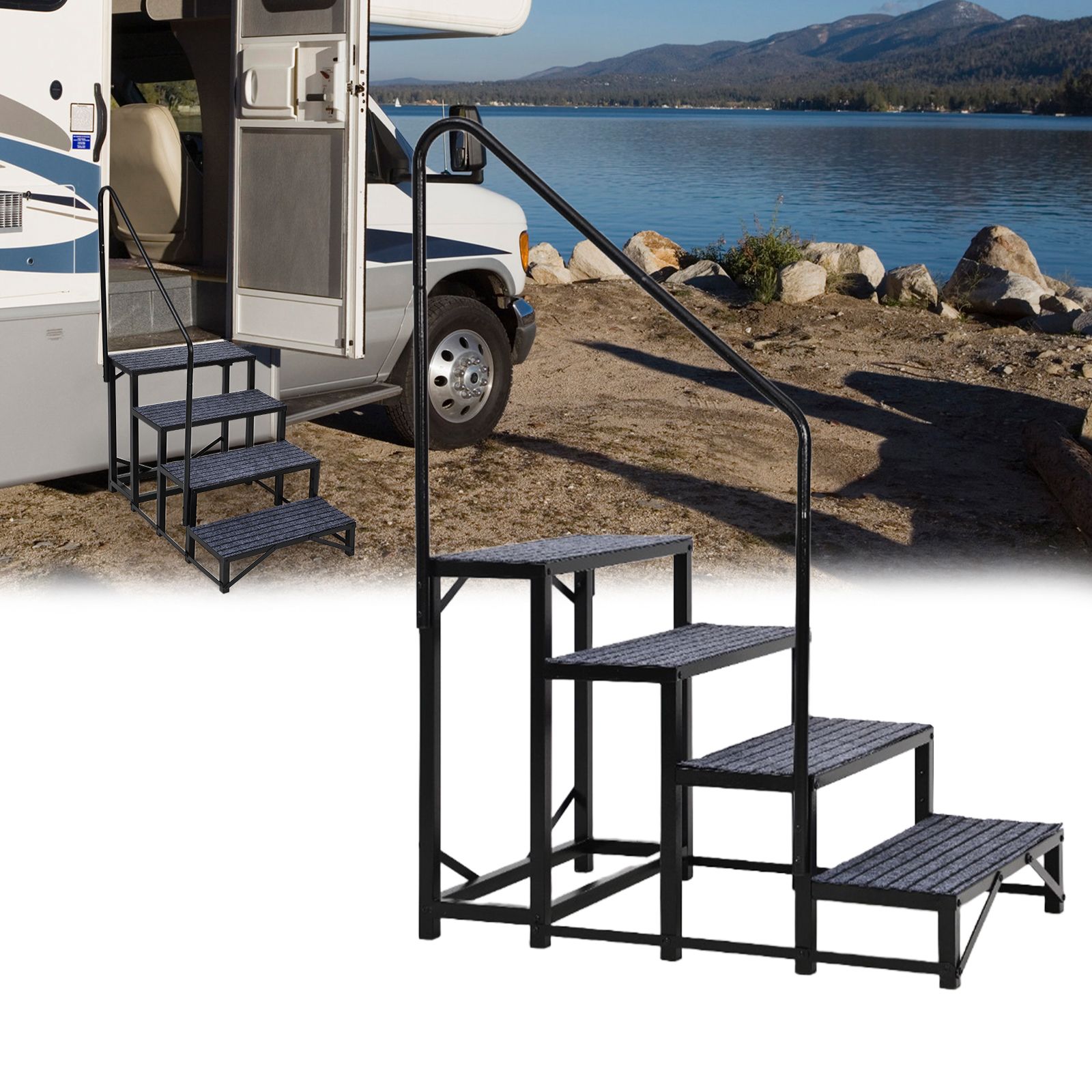 Image of Heavy Duty 4-step Stairs With Single Handrail, Non-slip Portable Motorhome Steps For Static Homes, Campers, Hot Tubs, Garden Pools, Spas, And Pets Safety Mats Included
